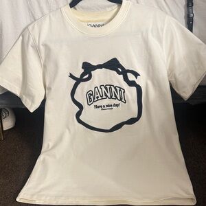 Ganni Cream Women Tee with Black Bow Print